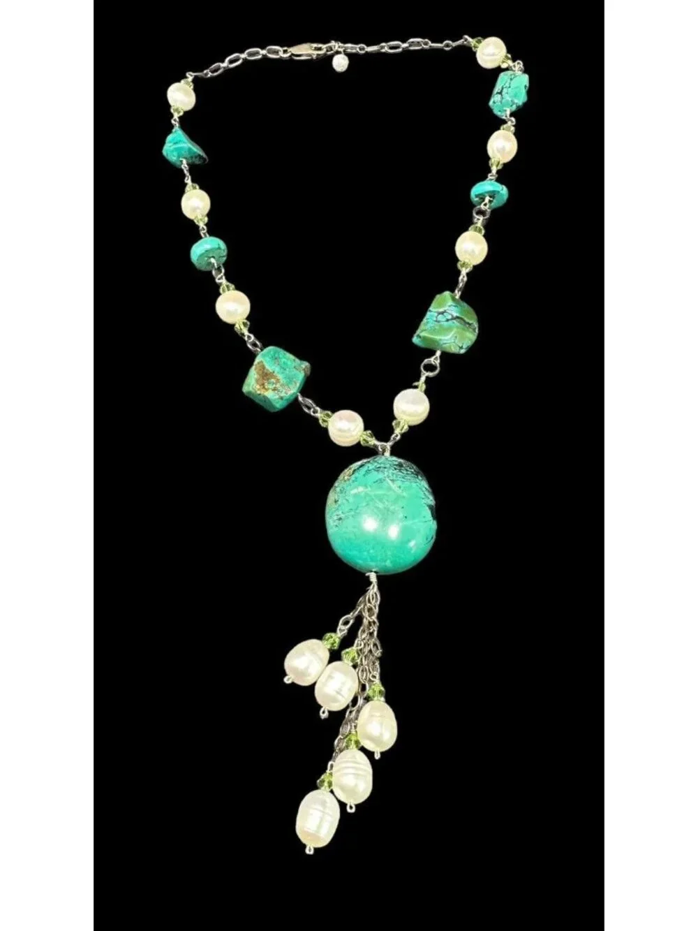 Necklace Sterling Silver Turquoise and Pearl Dangle Drop Tassel Pendant 18 in